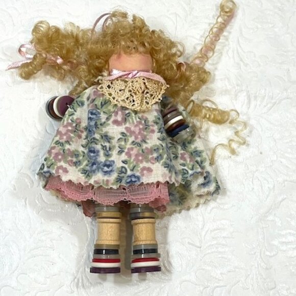 Handmade Standing Button Wooden Blonde Curly Haired Doll 5" - Picture 2 of 10